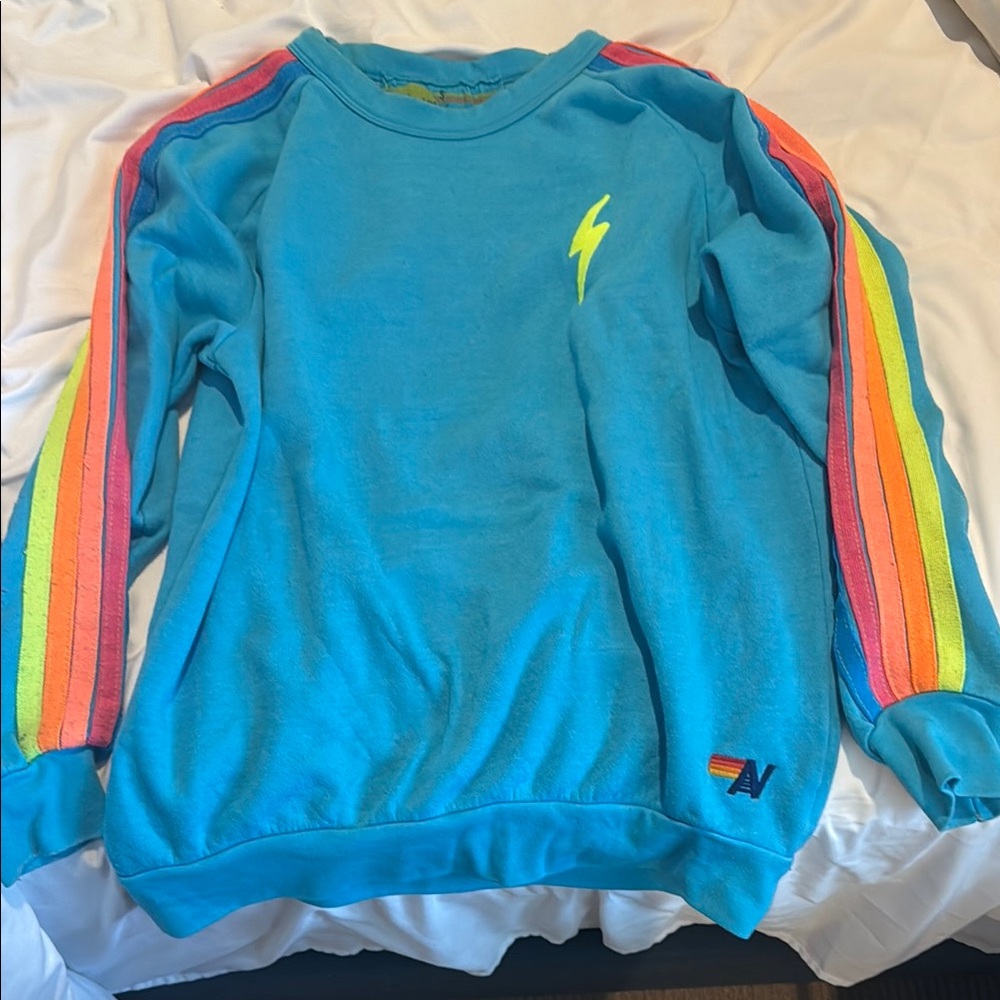 Aviator Nation Blue Sweatshirt with Rainbow Stripes
